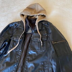 Buckle Faux Leather Jacket with Removable Hood